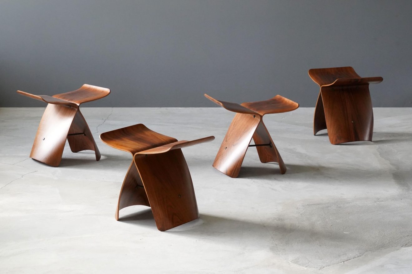 1st dibs Early Production Butterfly Stools Walnut, Brass, Tendo Mokko circa 1955_Aucoot_Design_Classics